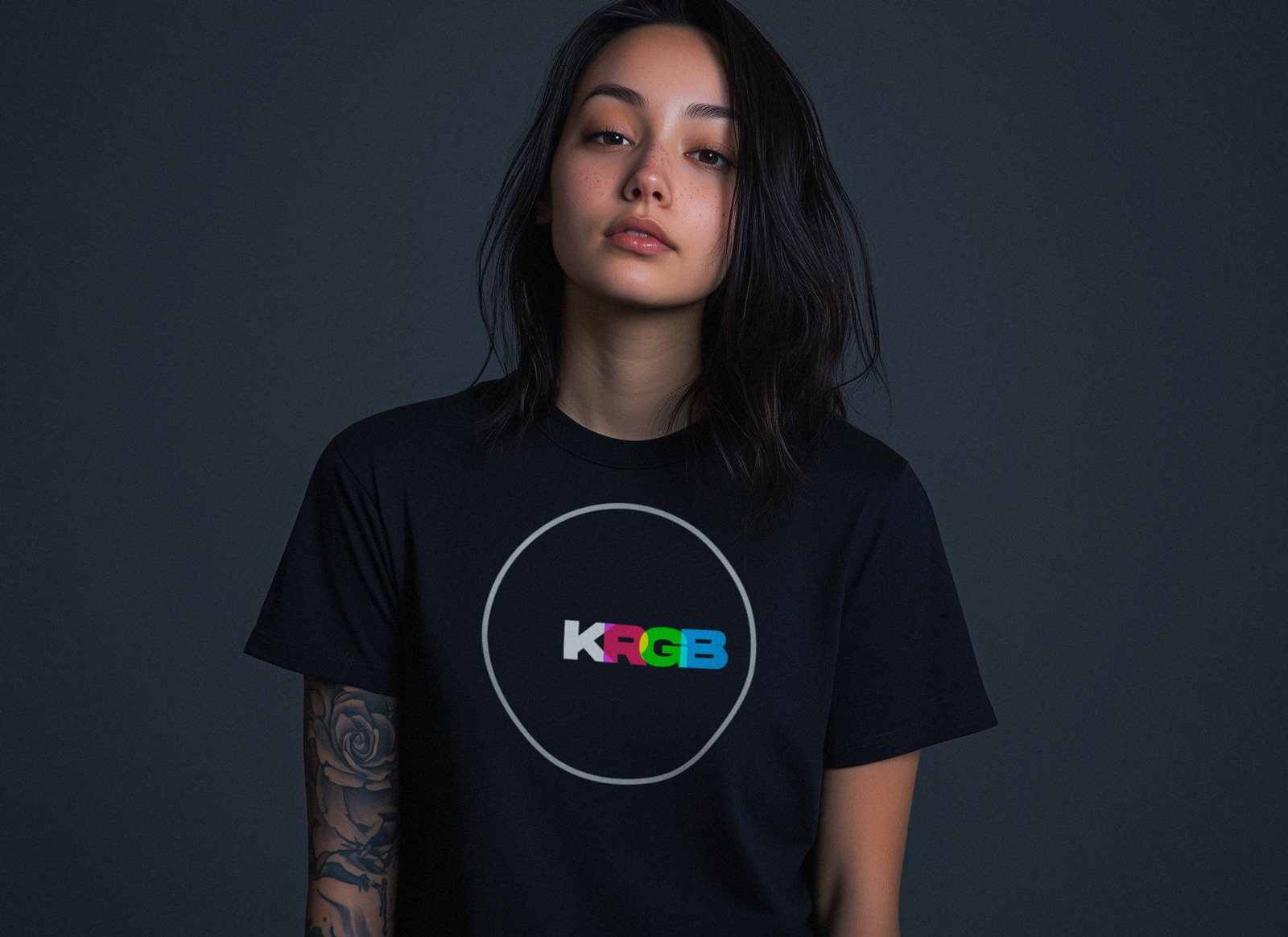 model wearing a KRGB t-shirt
