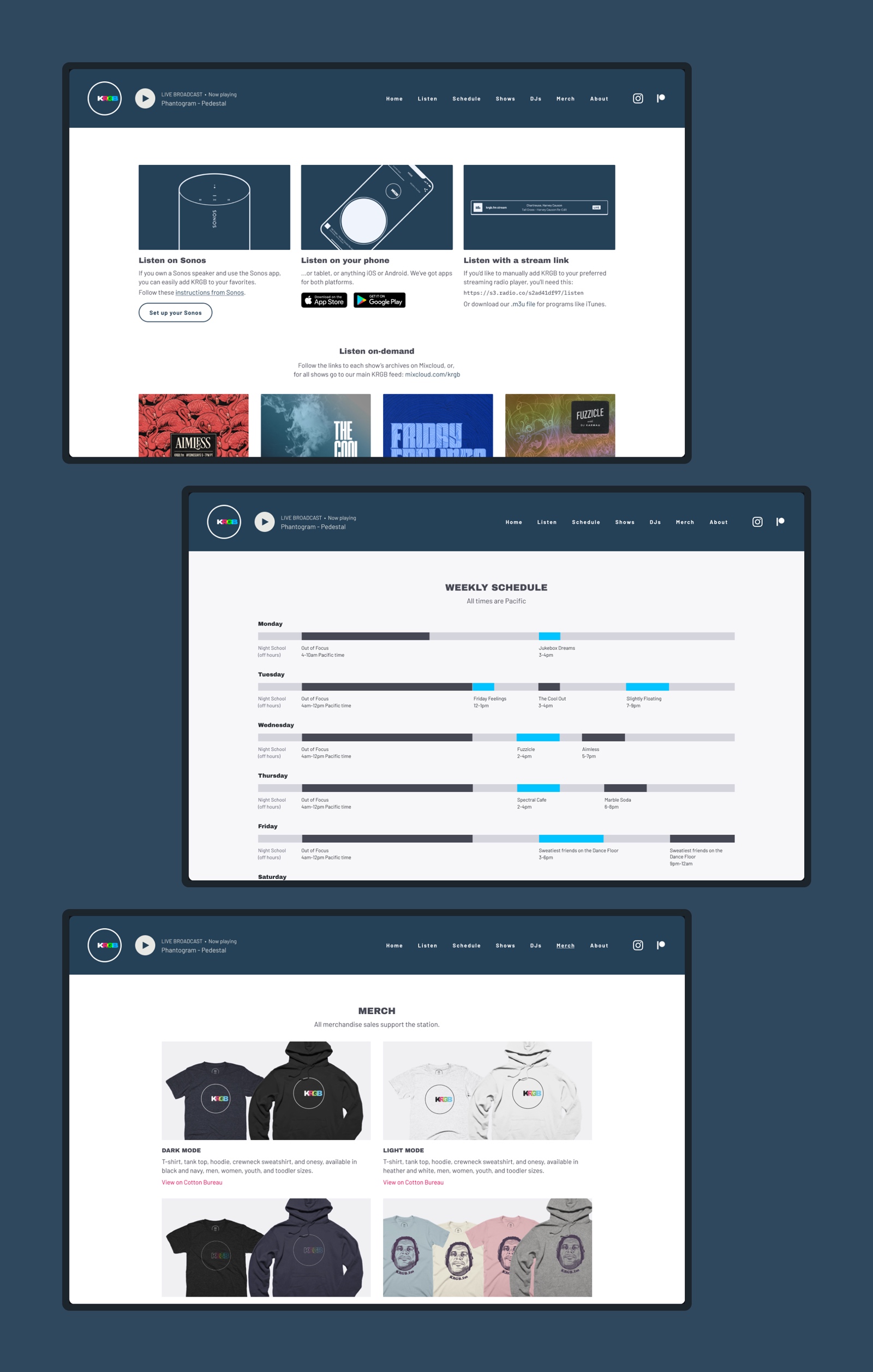 various pages of the website
